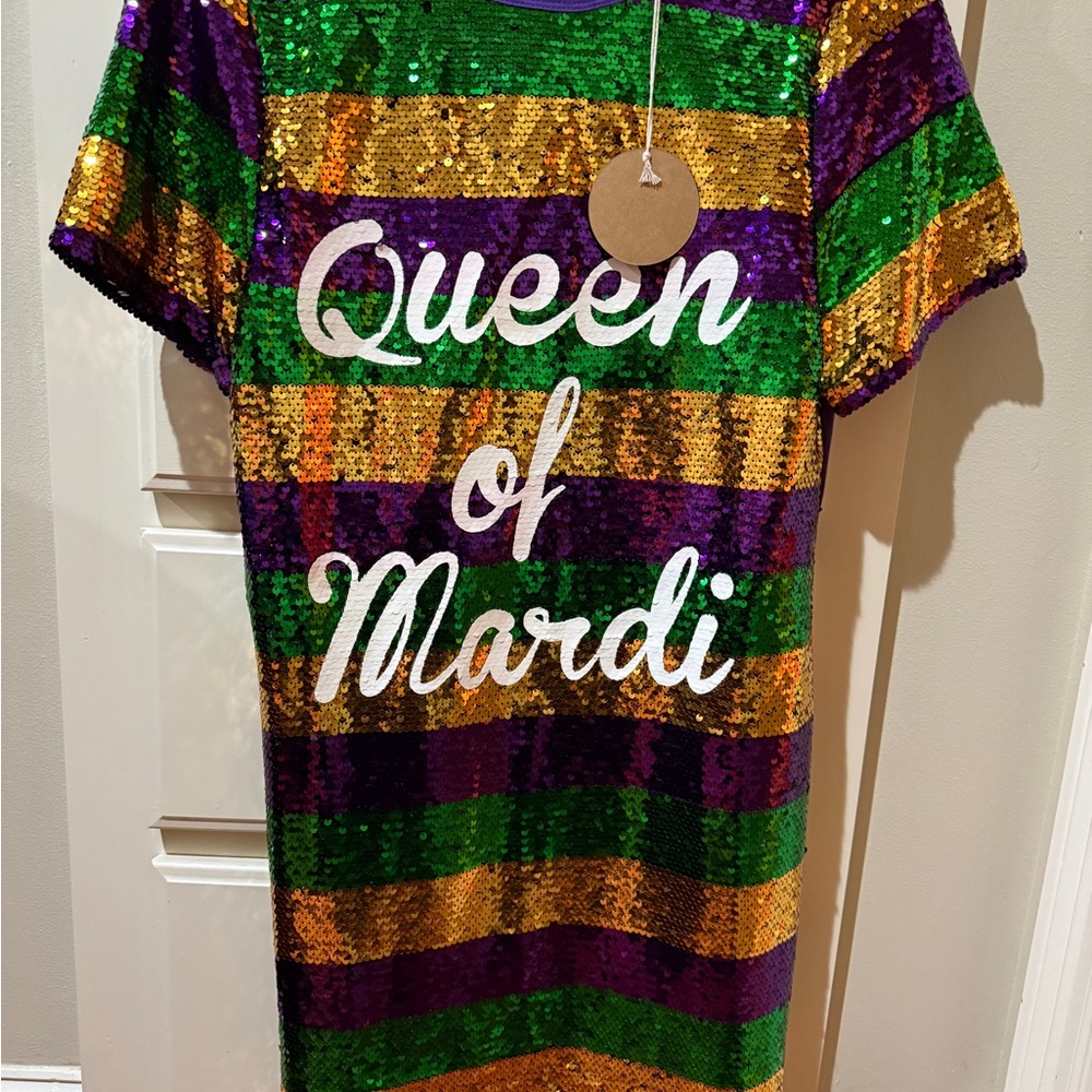 BiBi Sequin QUEEN OF MARDI Dress with Green, Purple, and Gold Stripes